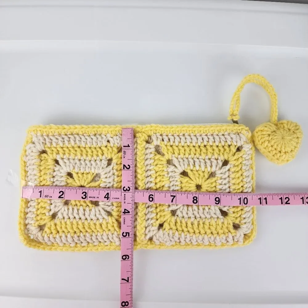 Handmade Crochet Granny Square Clutch Yellow Cream Boho Heart Charm Makeup Pouch - Picture 8 of 15